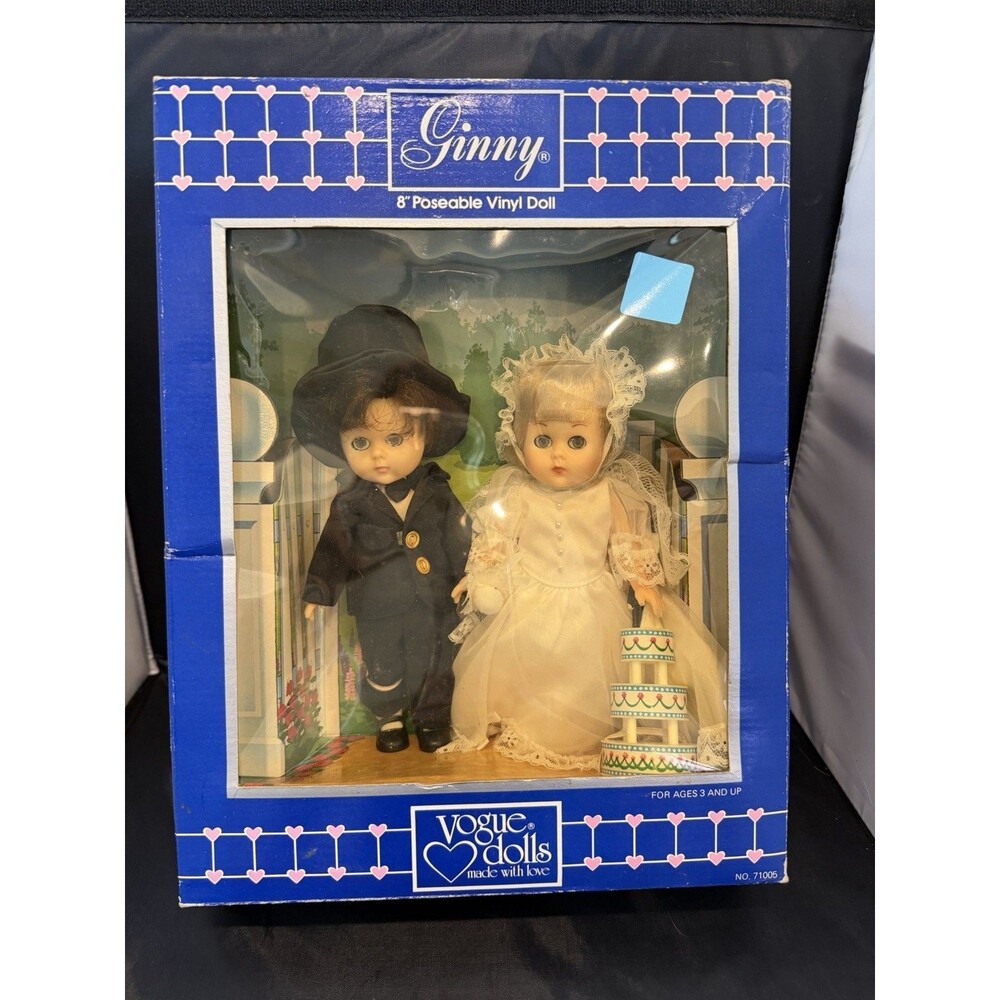 1984 Vogue Dolls Ginny 8” Poseable Bride and Groom Wedding Set In Original Box